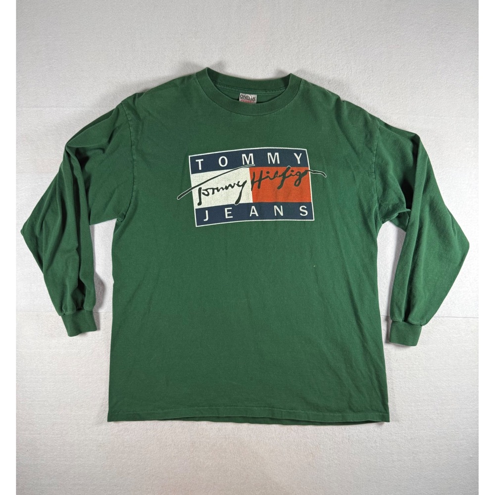 Vintage Tommy Hilfiger Jeans Long Sleeve T-Shirt Green 90s Flag Logo XL Oneita